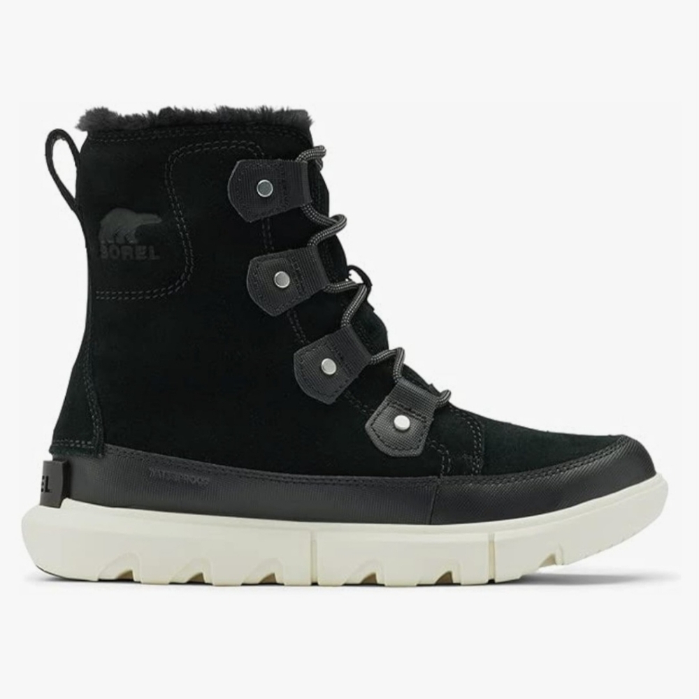 **sold**Sorel black explorer II Joan faux fur waterproof suede lace up boots sz6